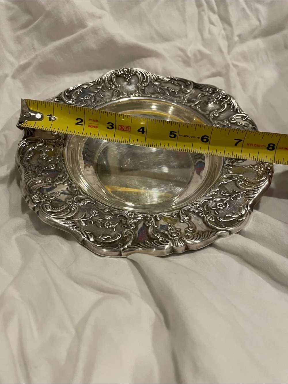 Wallace Ornate Silver Decorative Serving Bowl with Floral Scroll Rim